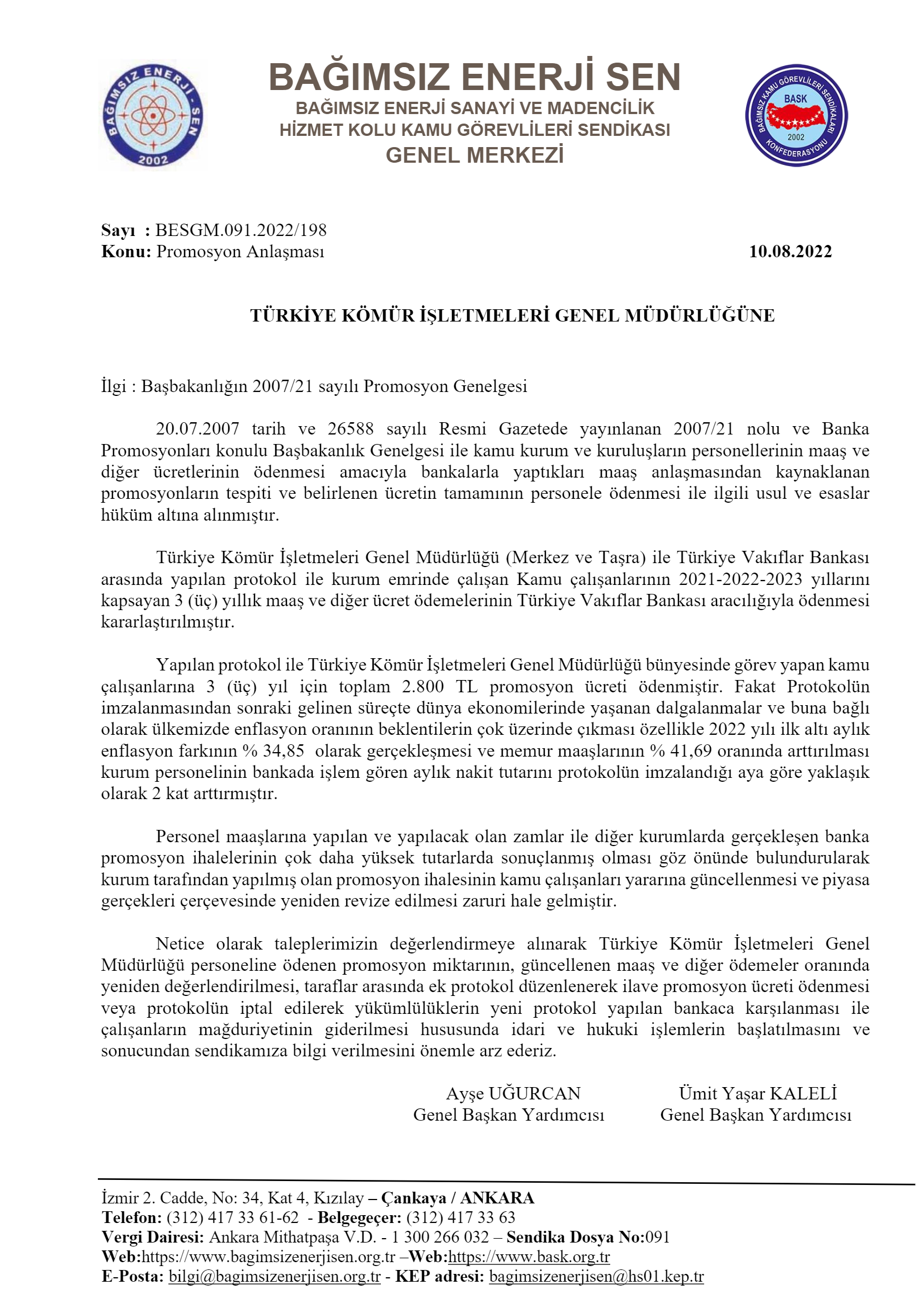 Türkiye Kömür İşletmeleri Genel Müdürlüğü Banka Promosyon Anlaşması Güncellenmesi Talebimiz