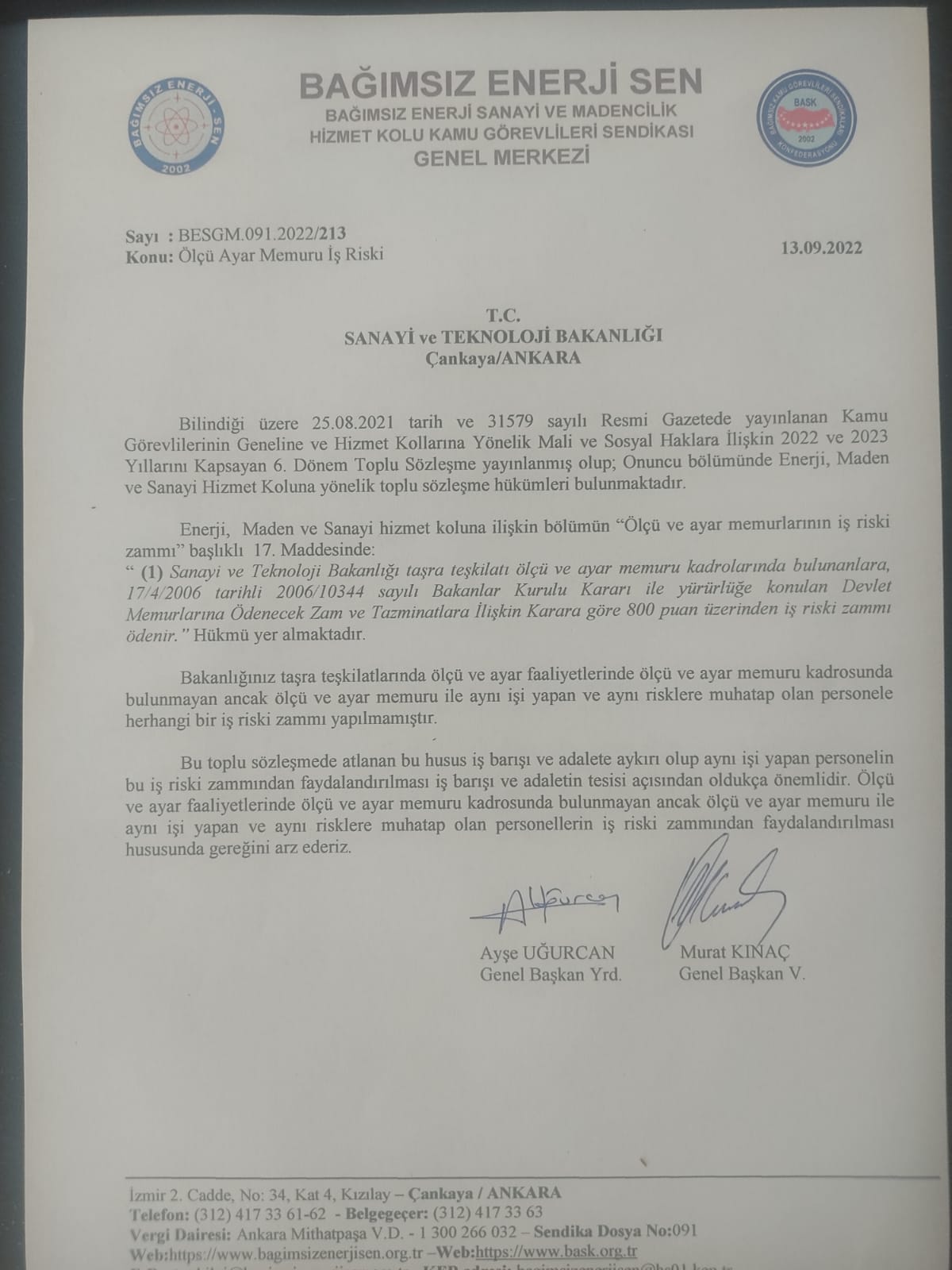 Ölçü Ayar İşlemlerinde Adaletli İş Riski Zammı İstiyoruz